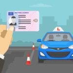 Hand holding a United Kingdom car driver license identification. Blue right-hand driving vehicle with red L plate on a roof. Flat vector illustration template.